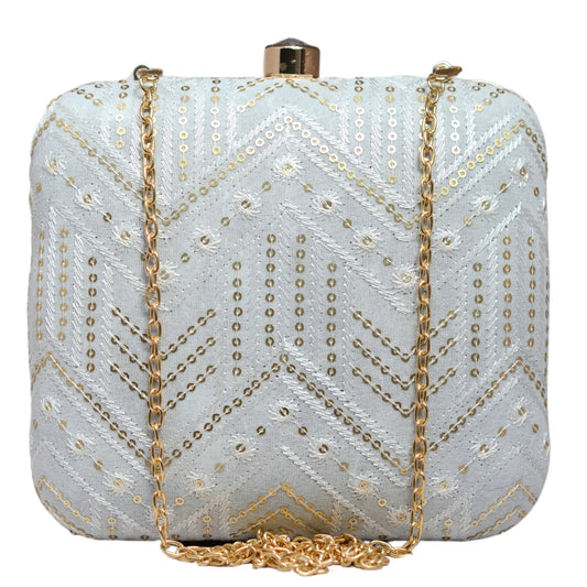 White Zigzag Sequins Embroidery Clutch