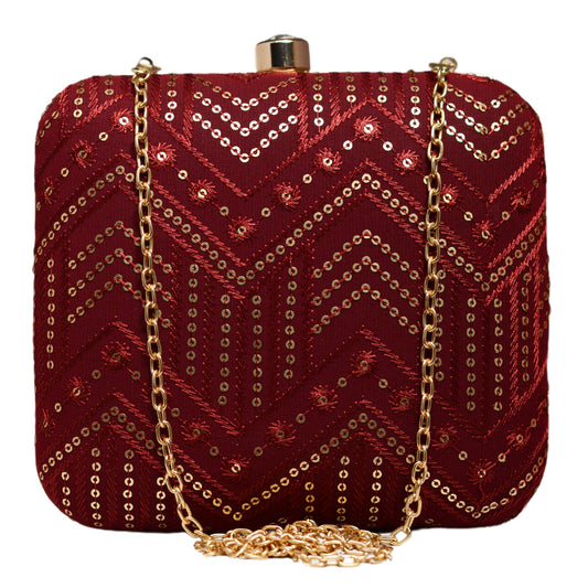 Maroon Zigzag Sequins Embroidery Clutch