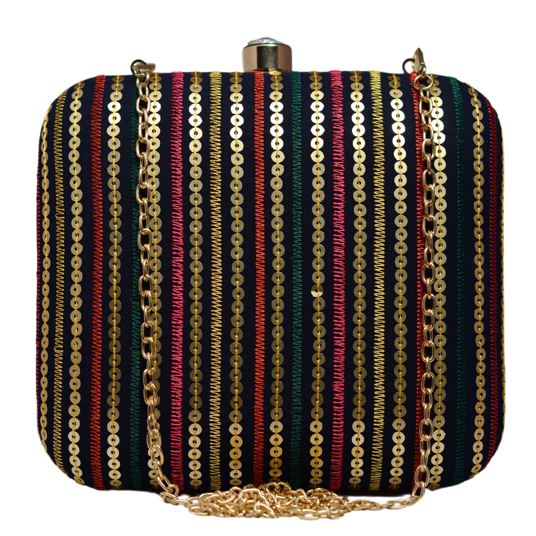 Dark Green Sequins Strips Embroidery Clutch