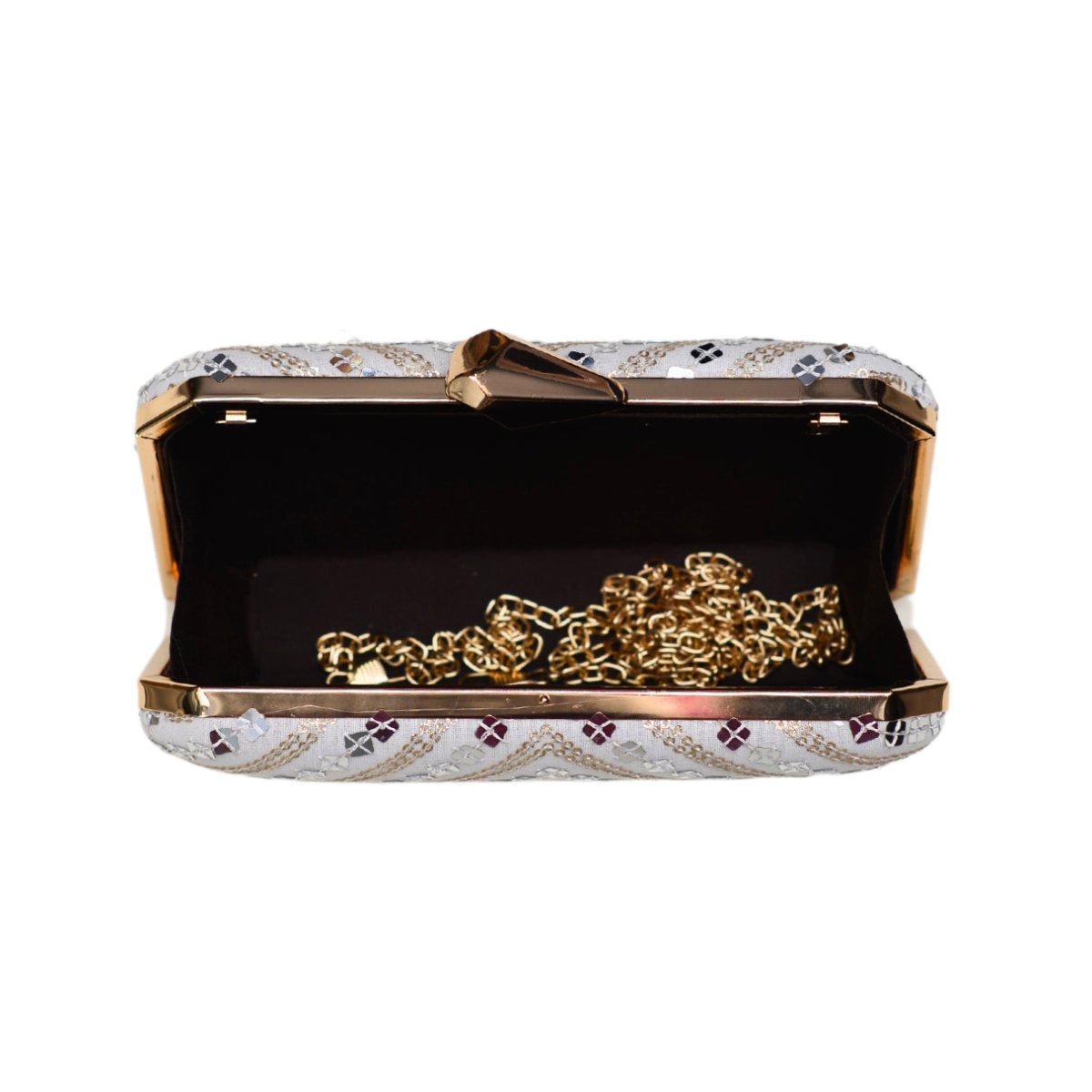 Silver Sequins White Embroidery Clutch