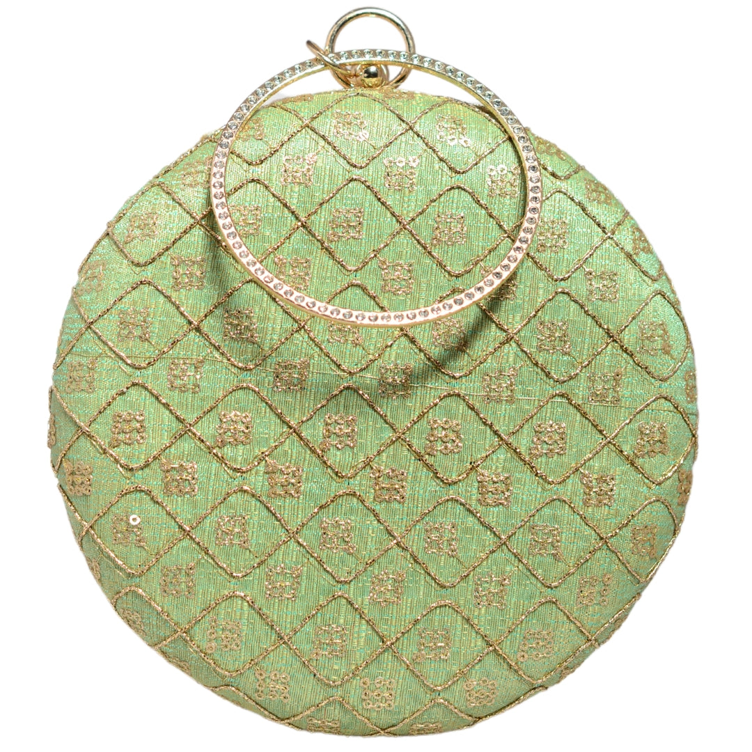 Moss Green Embroidery Round Clutch