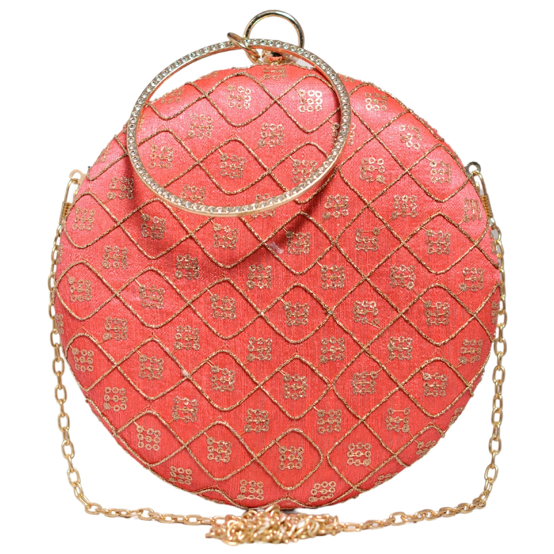 Bright Red Embroidery Round Clutch