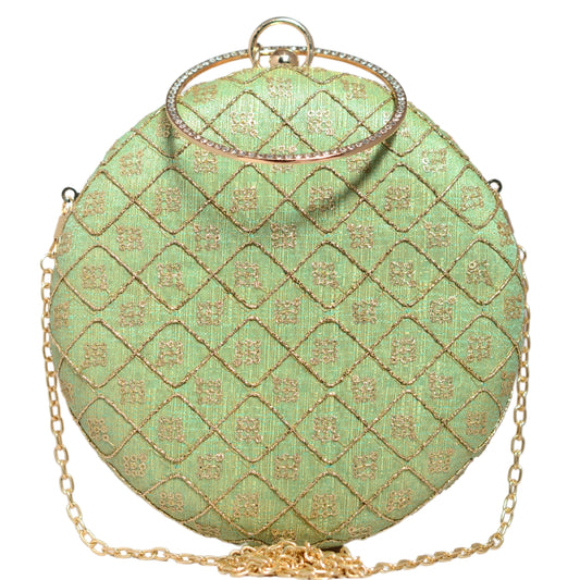 Moss Green Embroidery Round Clutch