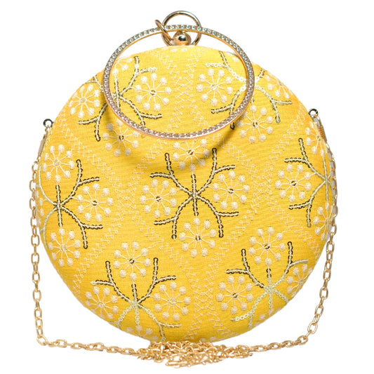 Yellow Embroidery Round Clutch