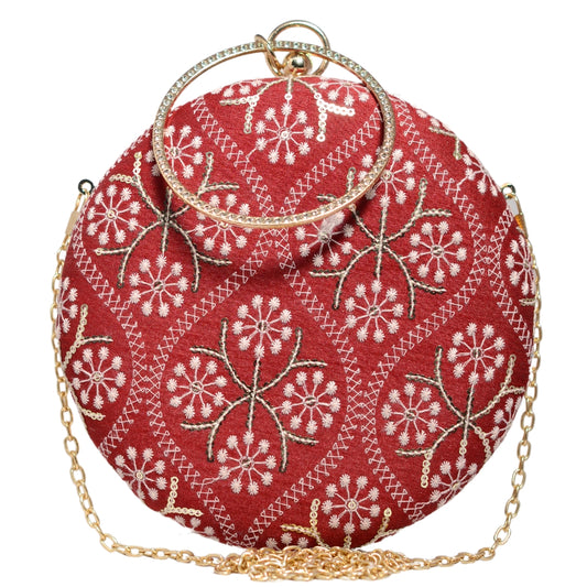 Maroon Embroidery Round Clutch