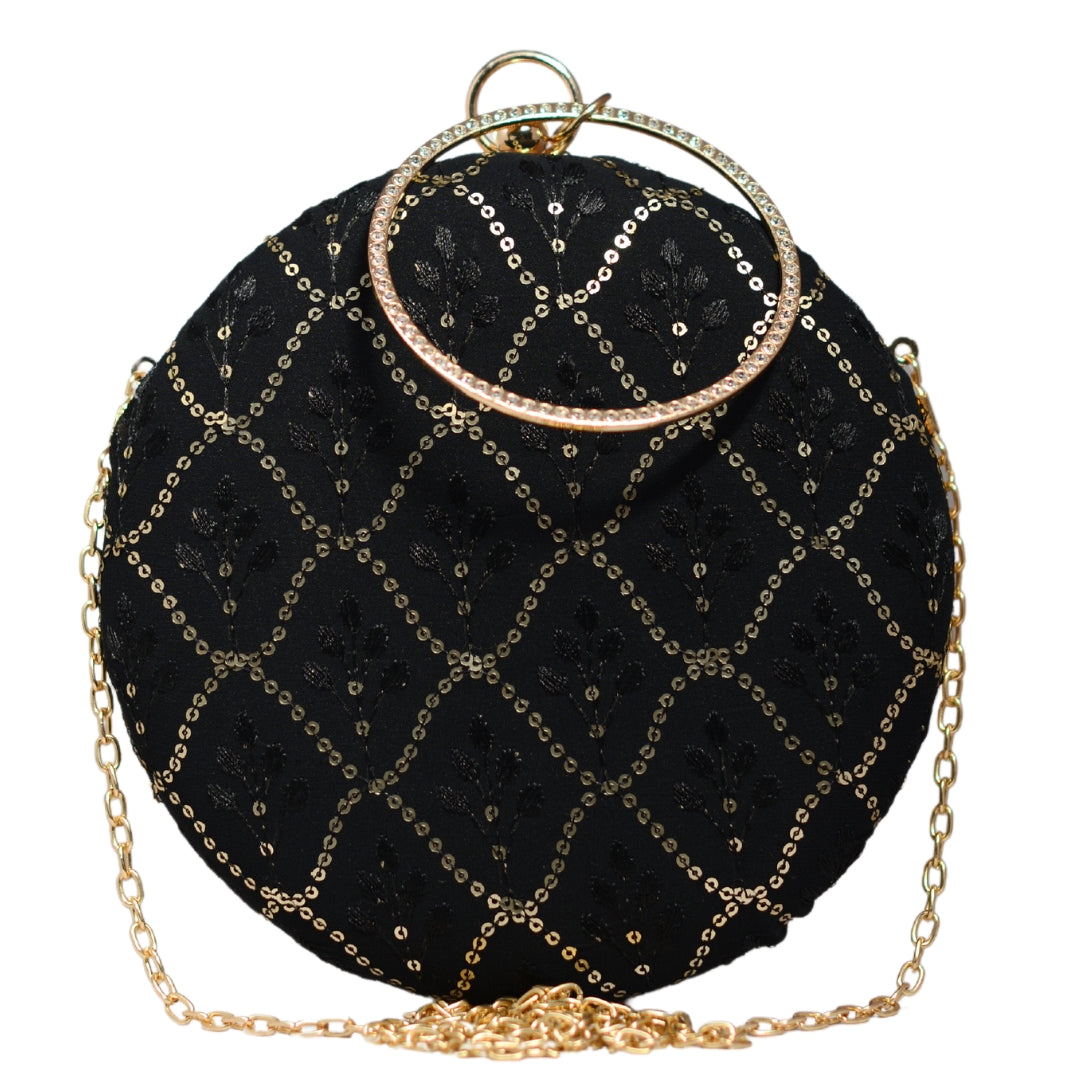 Black Embroidery Round Party Clutch