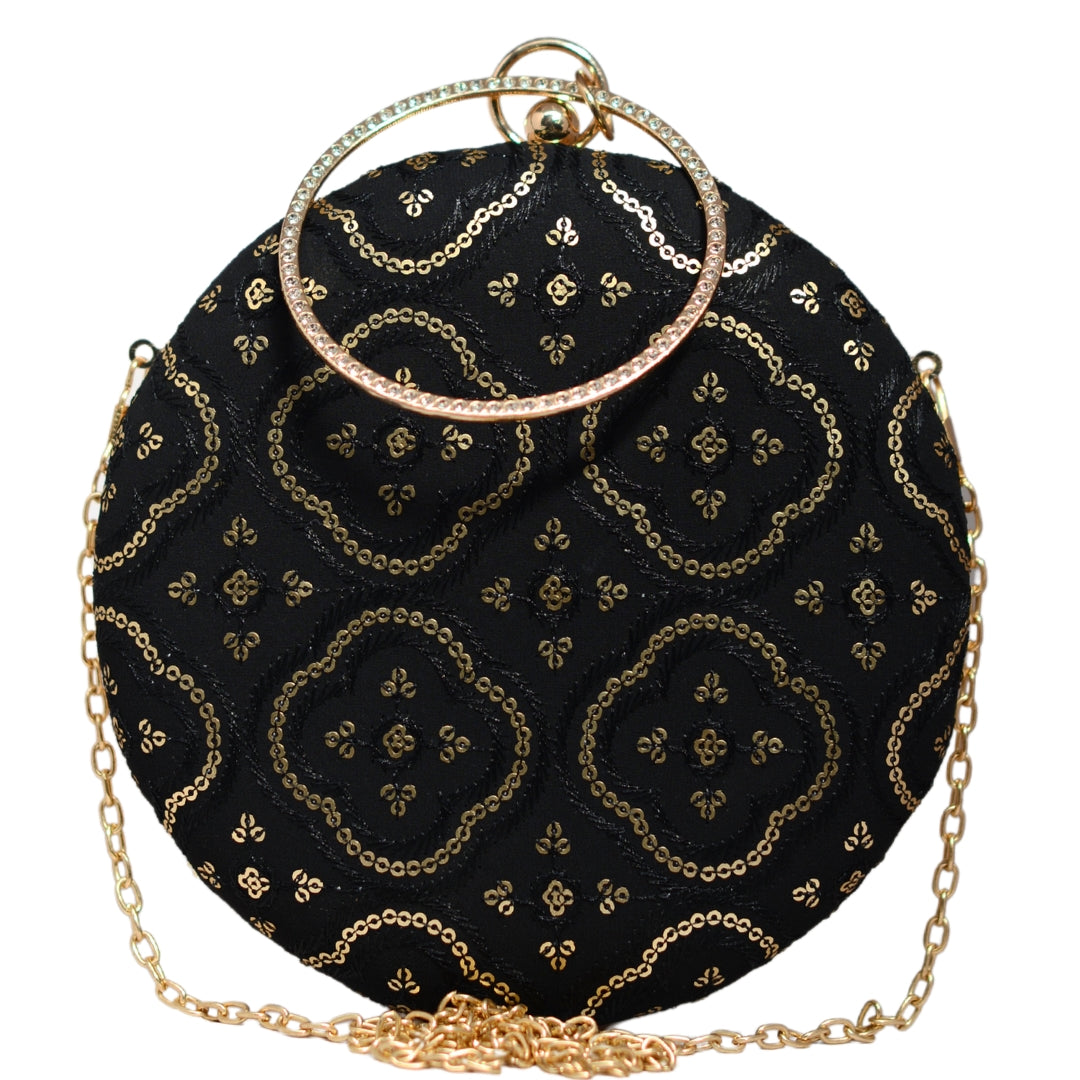 Black Embroidery Round Clutch