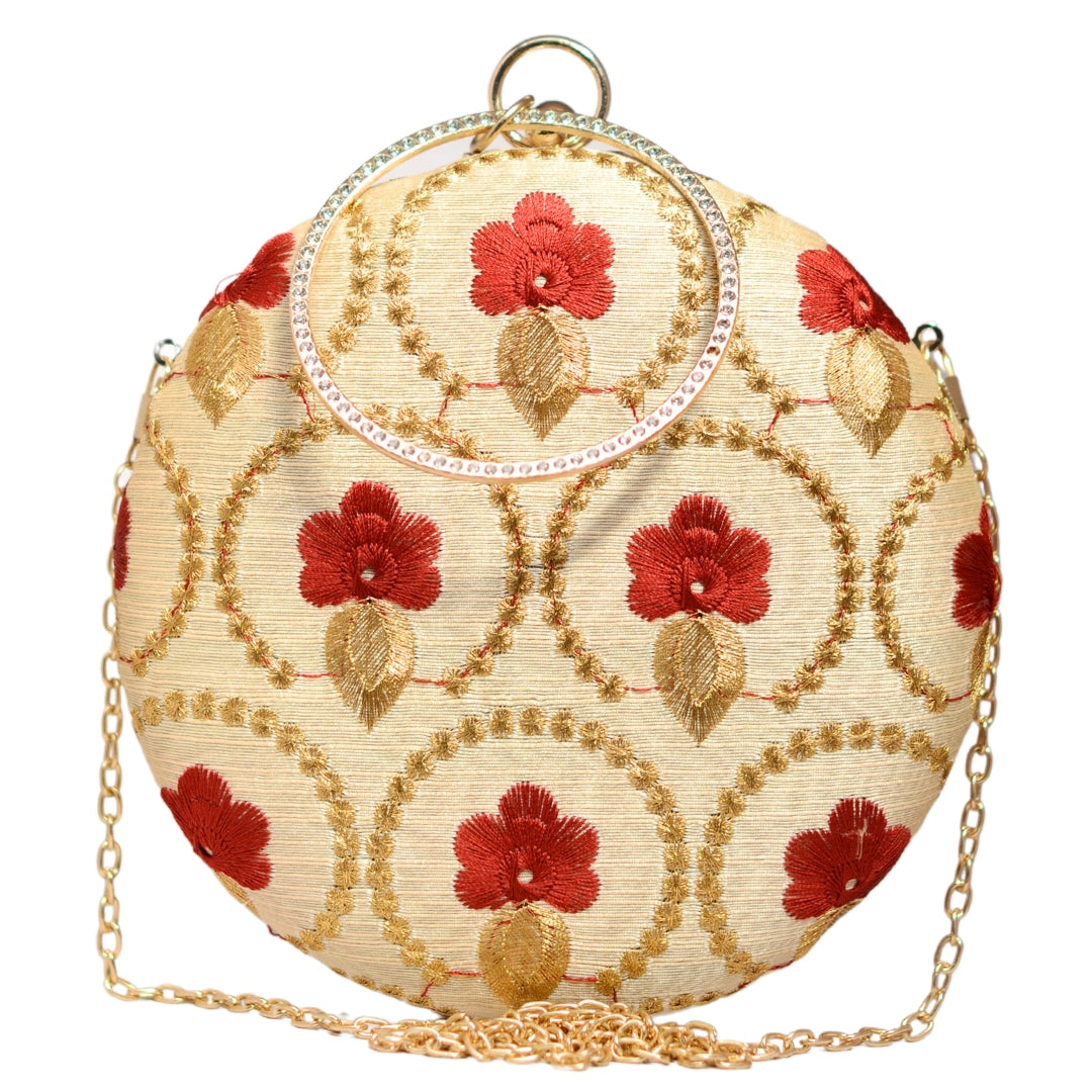 Golden And Red Embroidery Round Clutch