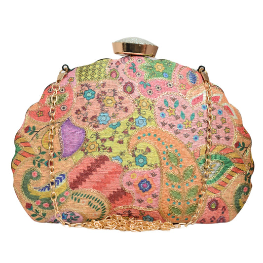 Pink Multipattern Embroidery Moon Shaped Clutch