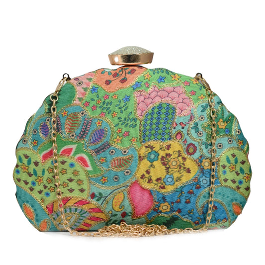 Green Multipattern Embroidery Moon Shaped Clutch