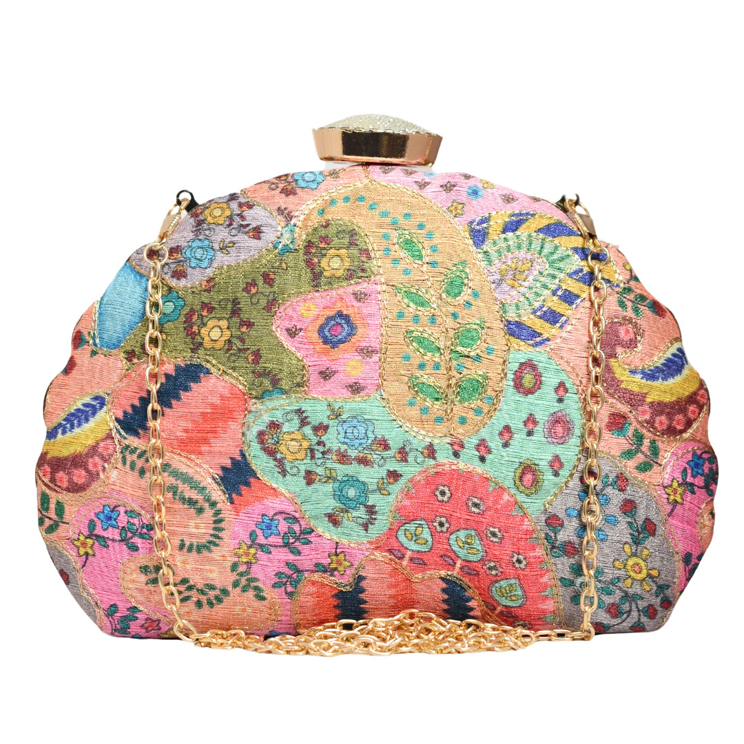 Multicolour Mixed Pattern Embroidery Moon Shaped Clutch