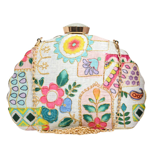 White Multipattern Embroidery Moon Shaped Clutch