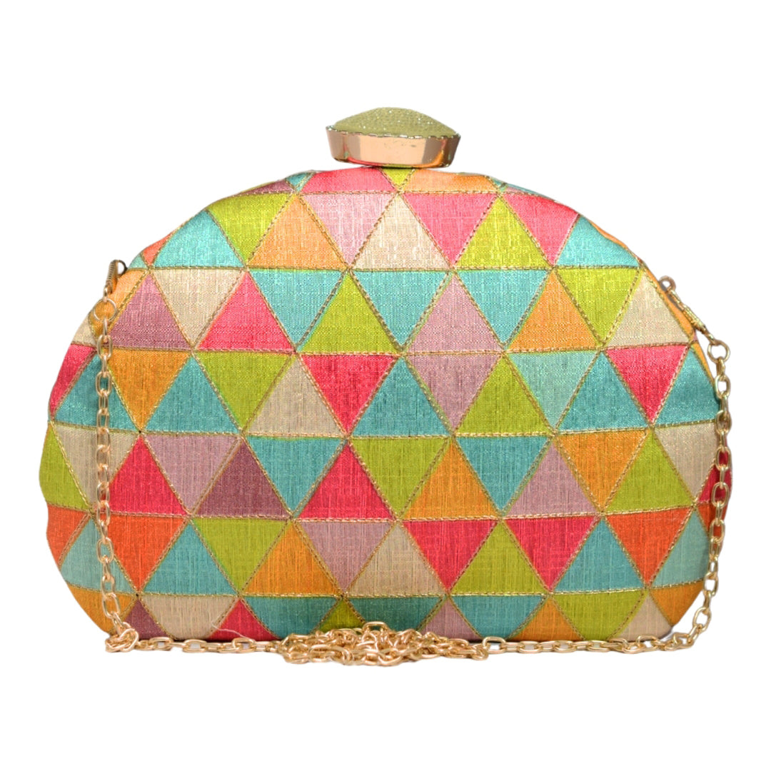 Multicolour Geometric Pattern Moon Shaped Clutch