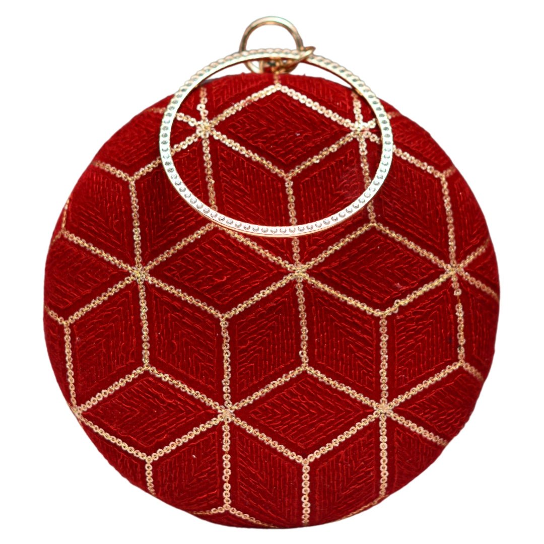 Red And Golden Sequin Embroidery Round Clutch