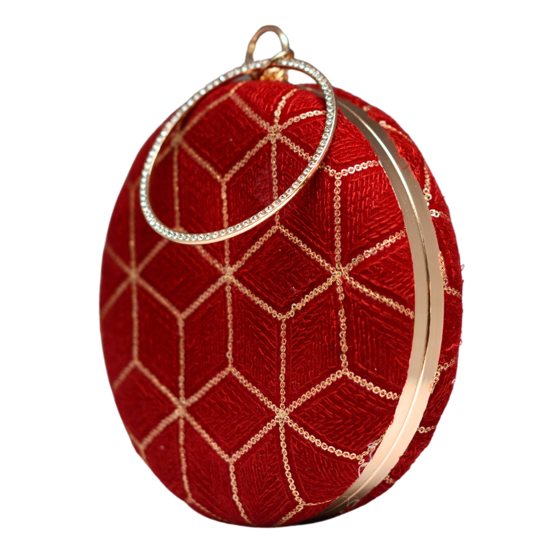 Red And Golden Sequin Embroidery Round Clutch