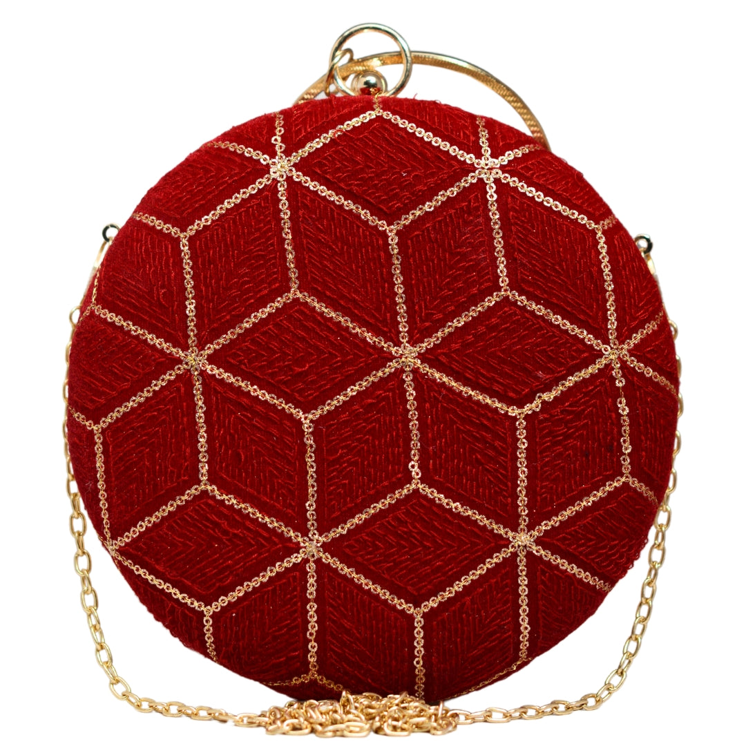 Red And Golden Sequin Embroidery Round Clutch