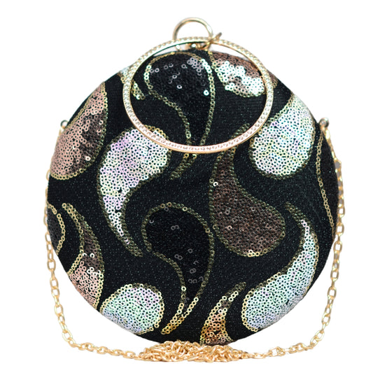 Black Sequin Embroidery Round Clutch