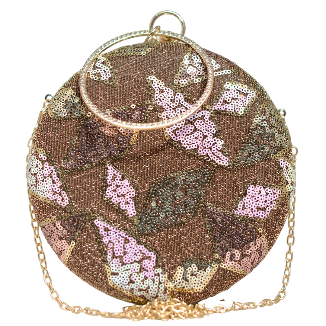 Golden And White Sequins Embroidery Round Clutch