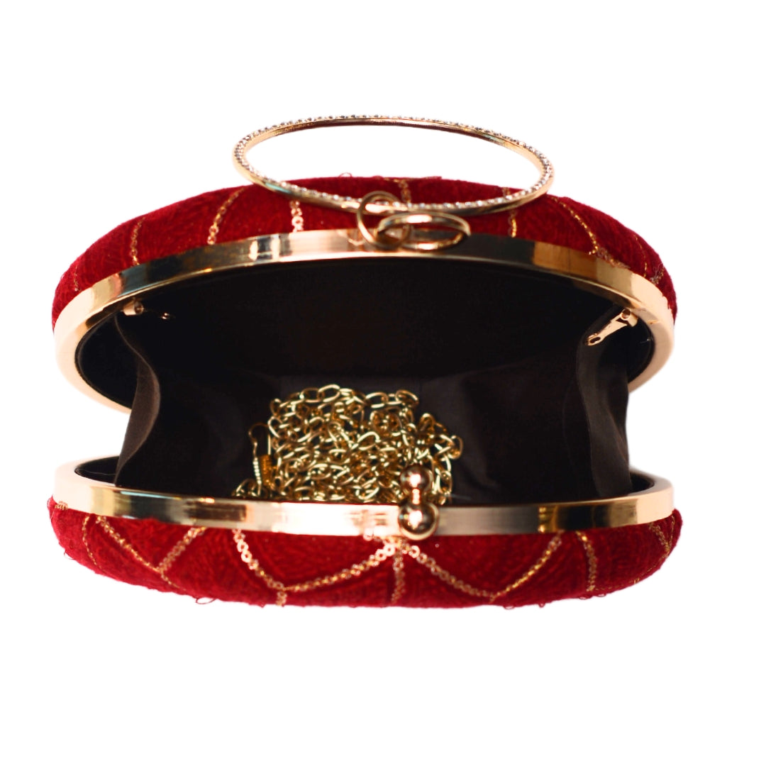Red And Golden Sequin Embroidery Round Clutch