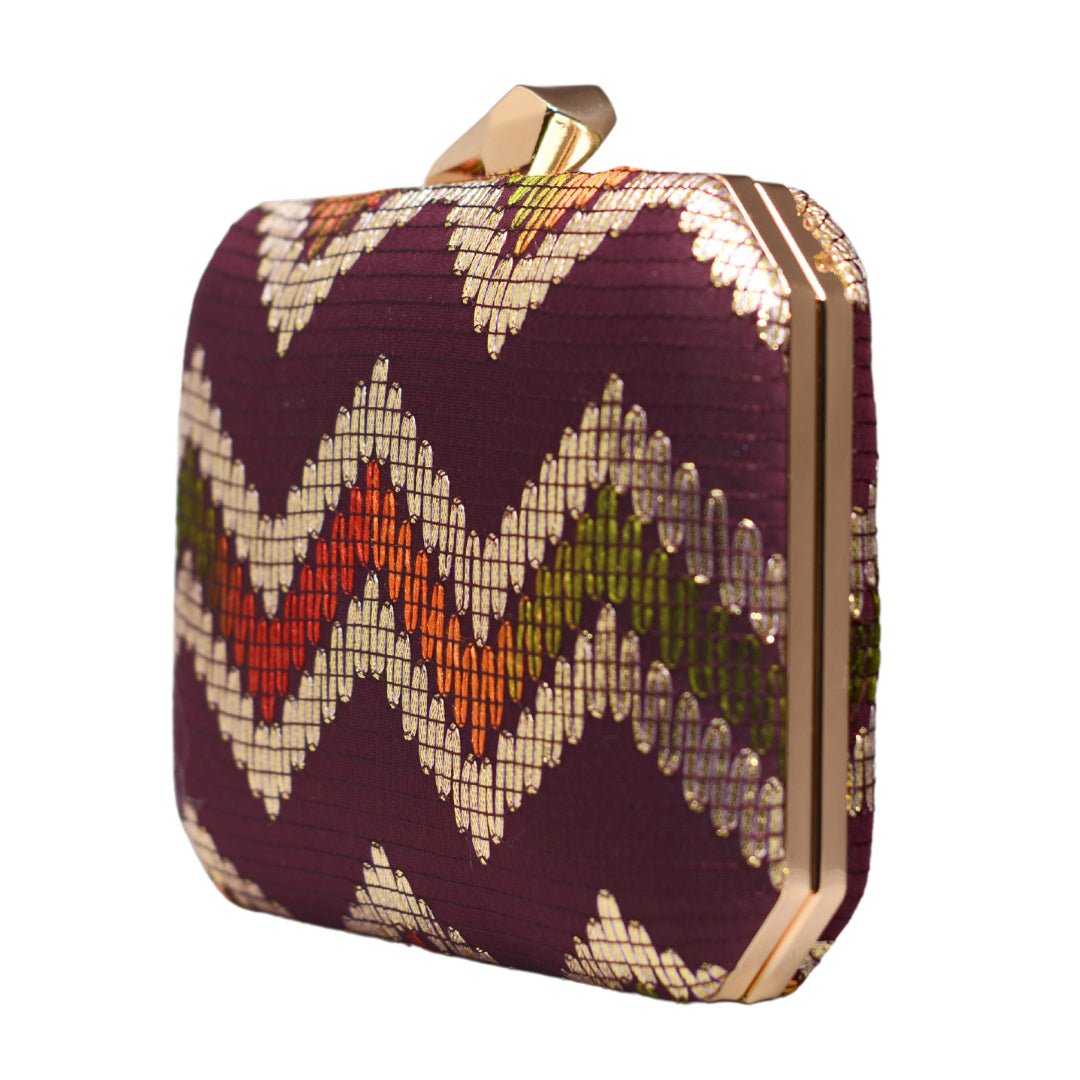 Wine Multicolour Zigzag Embroidery Clutch