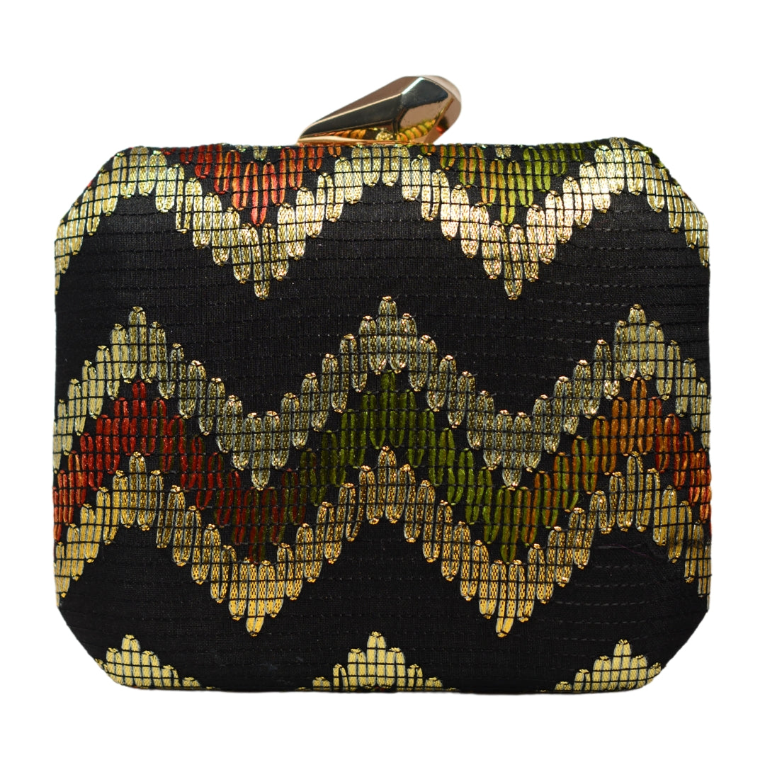 Black Multicolour Zigzag Embroidery Clutch