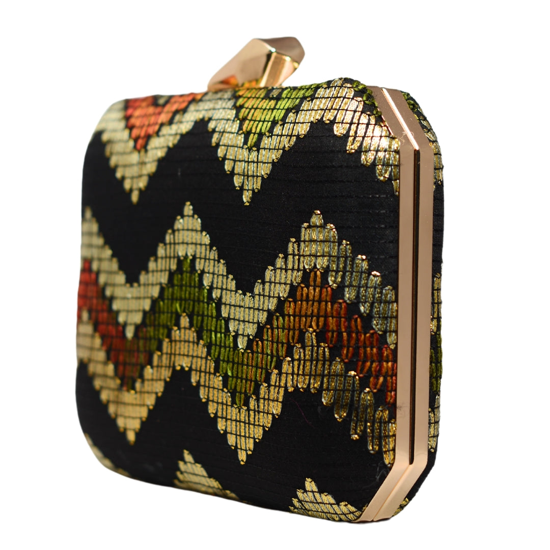 Black Multicolour Zigzag Embroidery Clutch