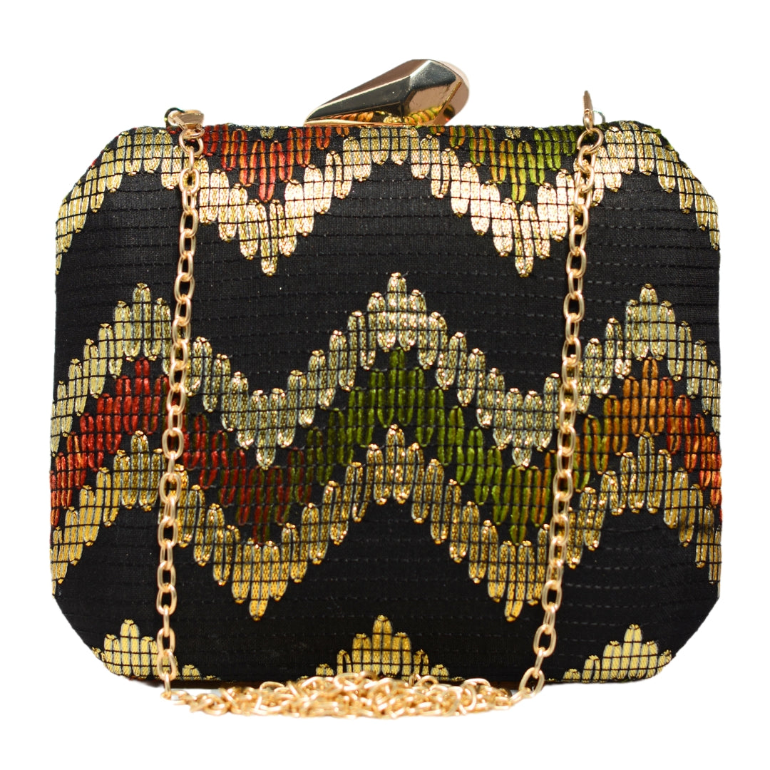 Black Multicolour Zigzag Embroidery Clutch