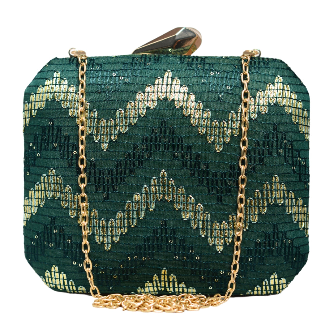 Marine Green Zigzag Embroidery Clutch