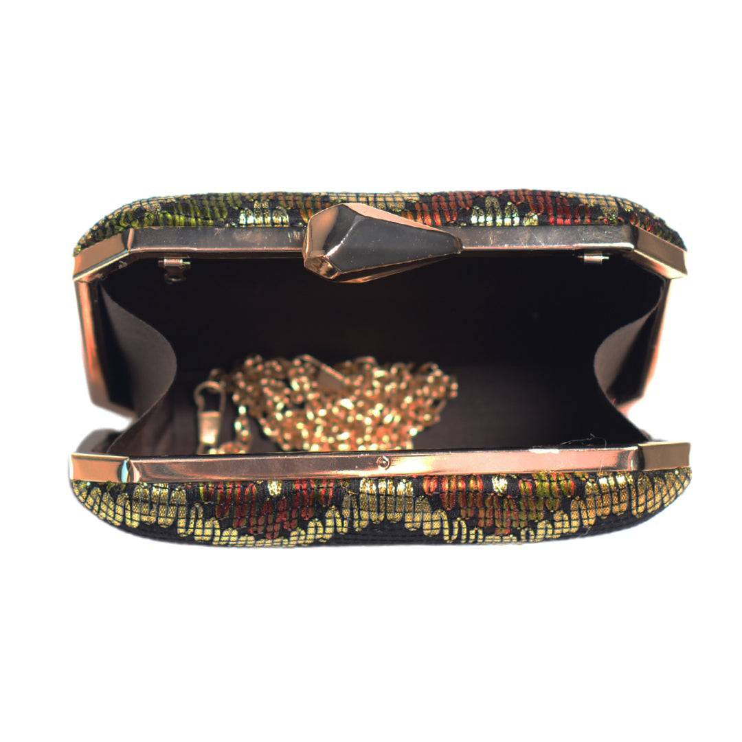 Black Multicolour Zigzag Embroidery Clutch