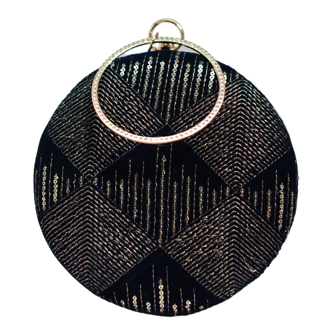 Black Sequins Embroidery Round Party Clutch