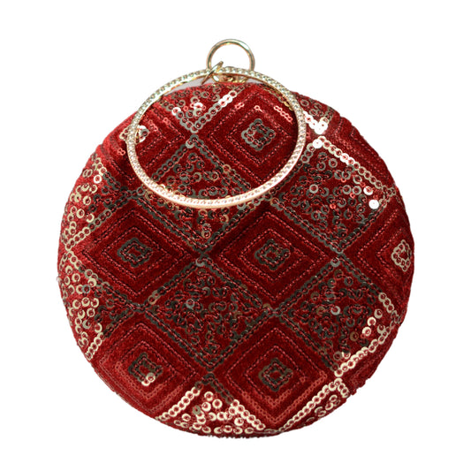 Golden Sequins Red Embroidery Round Clutch