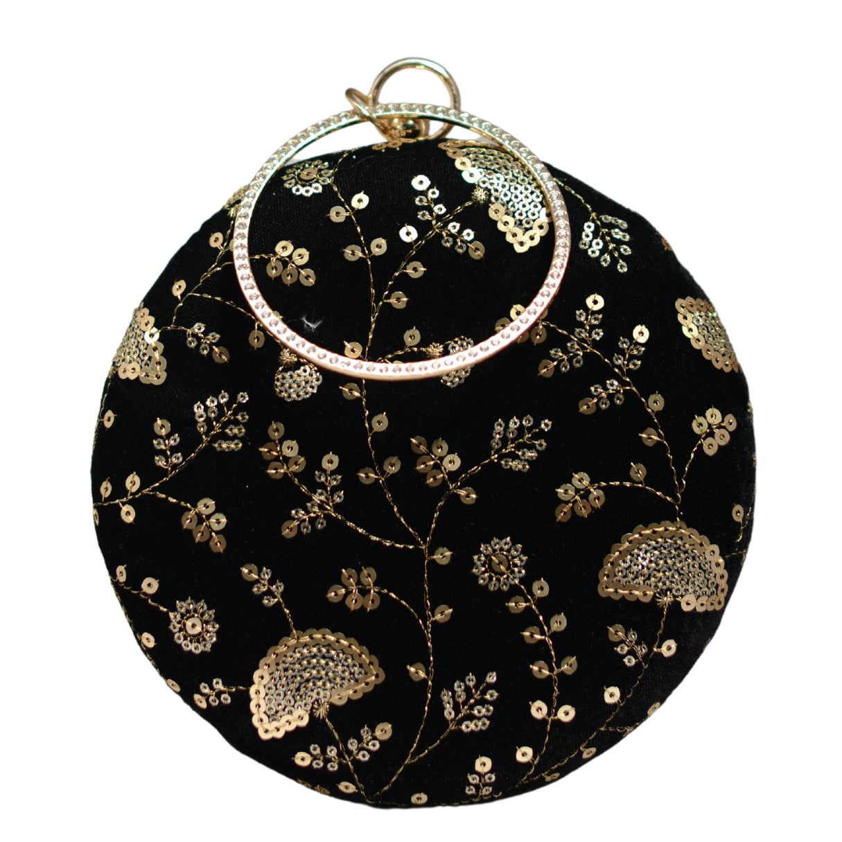 Black And Golden Embroidery Round Clutch