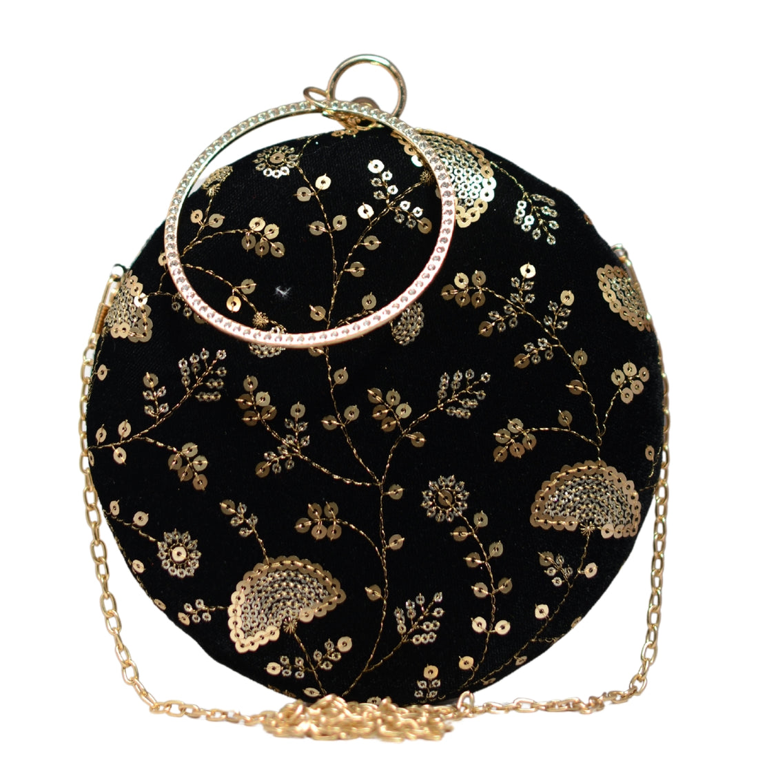 Black And Golden Embroidery Round Clutch