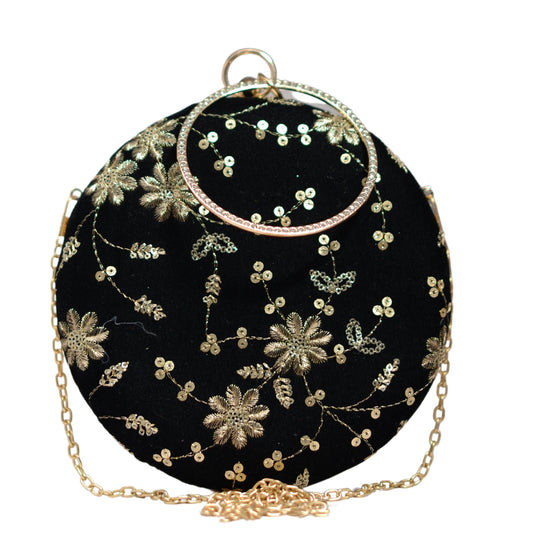 Black Floral Embroidery Round Clutch