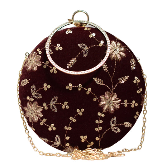 Maroon Floral Embroidery Round Clutch