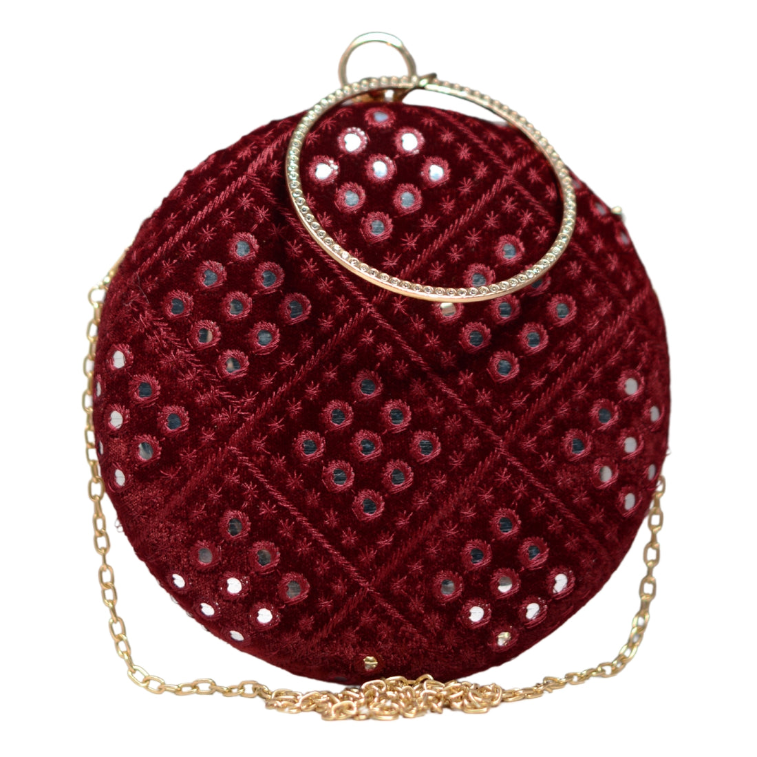 Maroon Sequins Embroidery Round Clutch