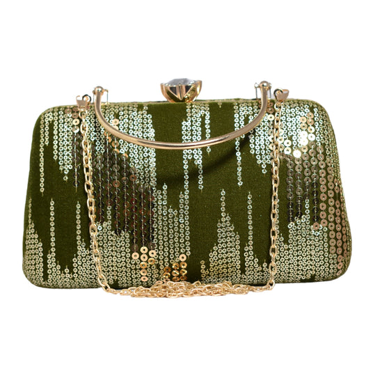 Moss Green Sequins Embroidery Party Clutch