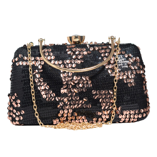 Rose Gold And Black Sequins Party Clutch