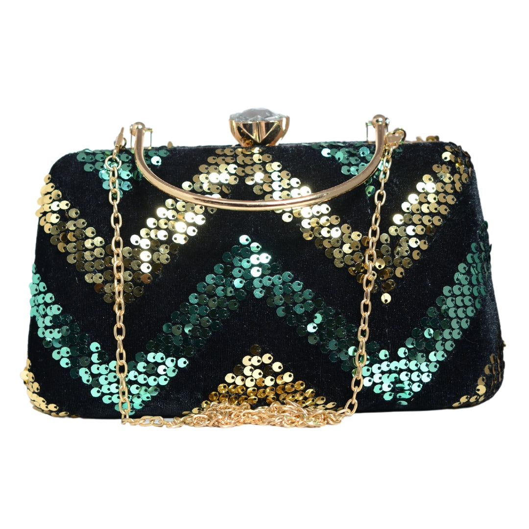 Golden And Green Sequins Zigzag Clutch