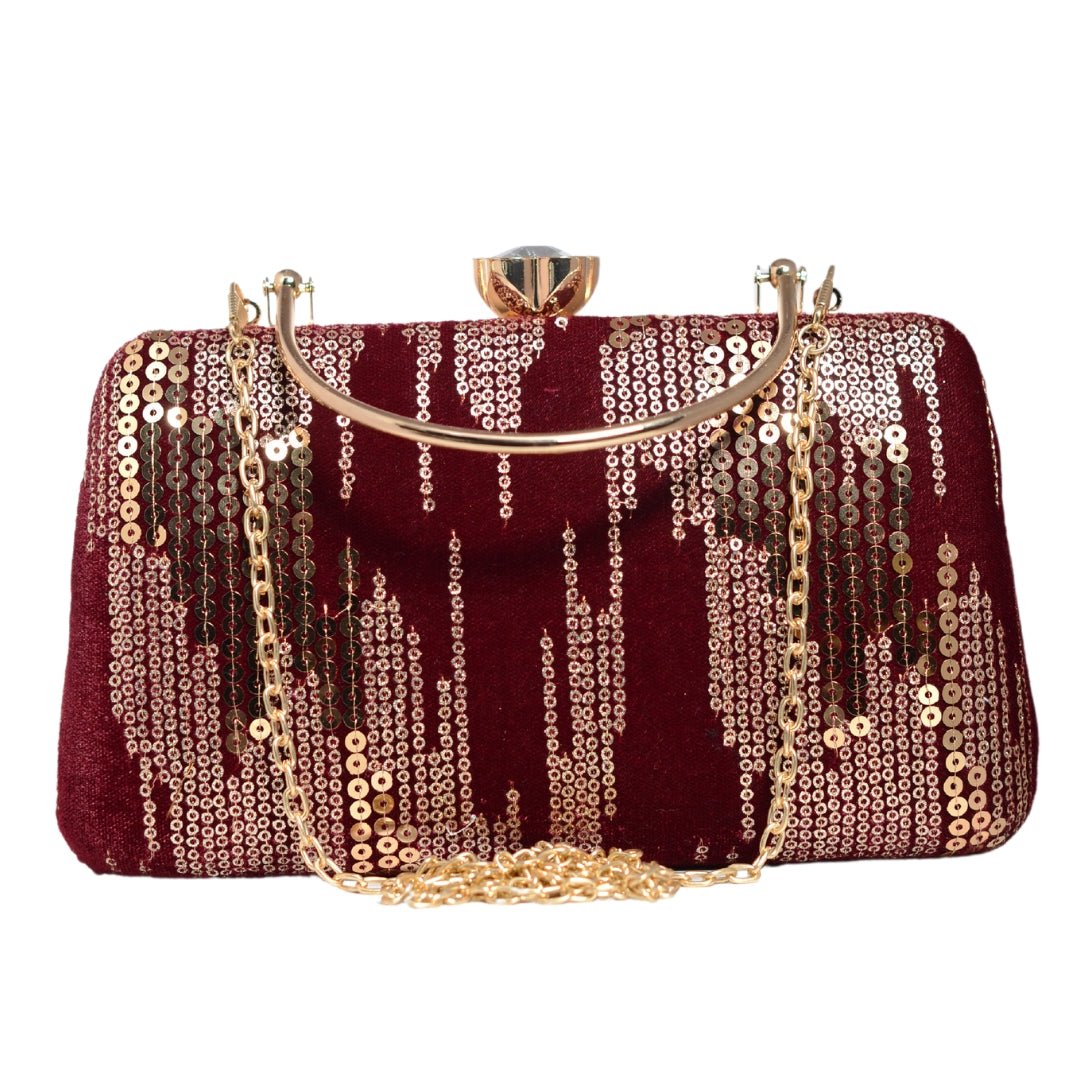 Golden Sequins Maroon Embroidery Party Clutch