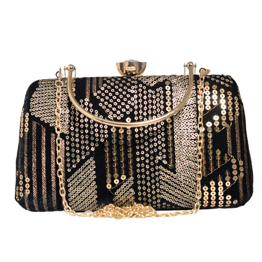 Black Sequins Multipattern Embroidery Party Clutch