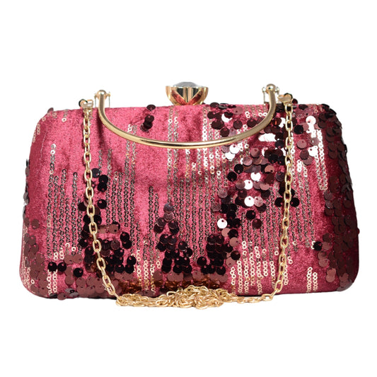 Golden Sequins Red Embroidery Party Clutch
