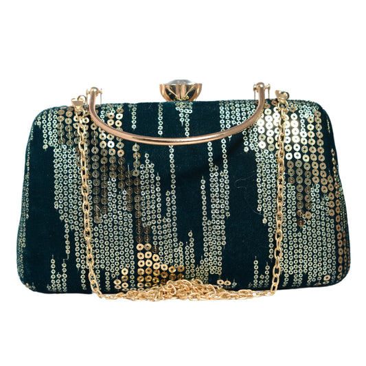 Dark Green Sequins Embroidery Party Clutch