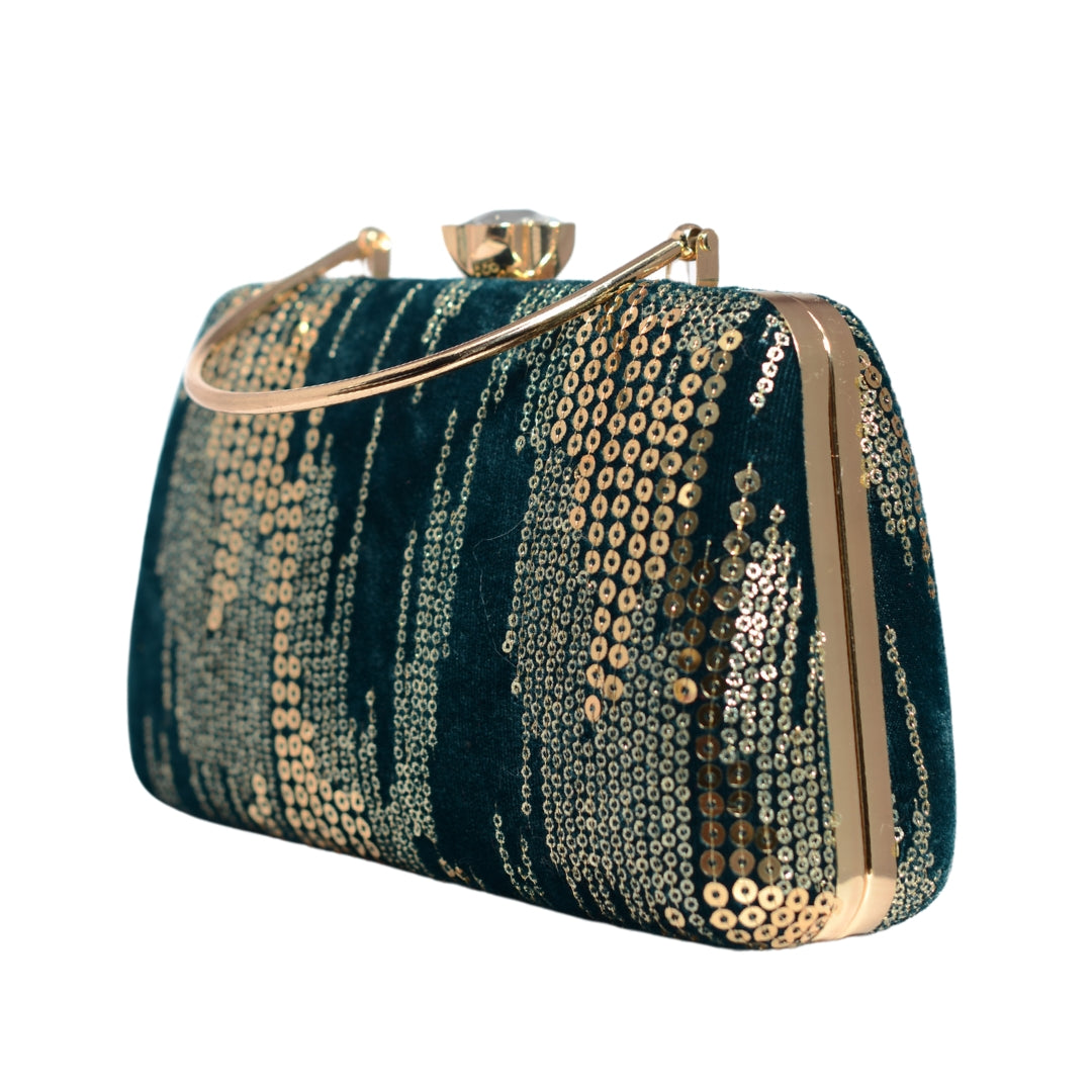 Dark Green Sequins Embroidery Party Clutch