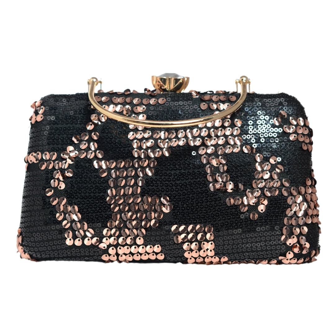 Rose Gold And Black Sequins Party Clutch