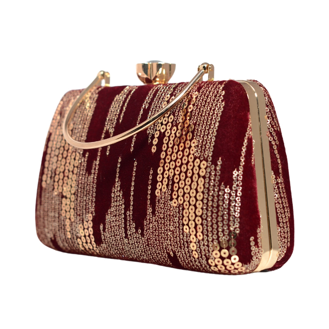 Golden Sequins Maroon Embroidery Party Clutch