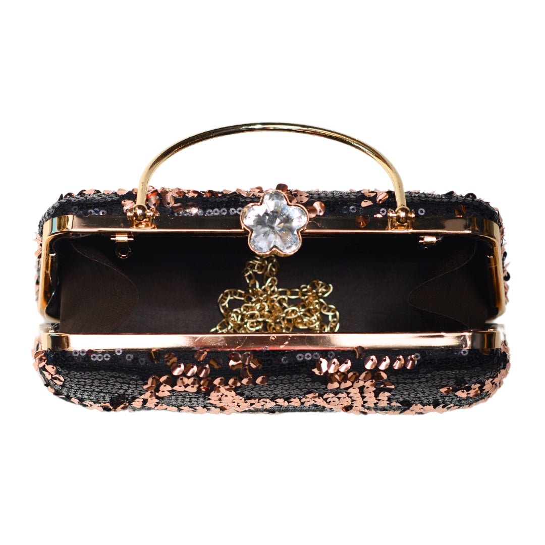 Rose Gold And Black Sequins Party Clutch
