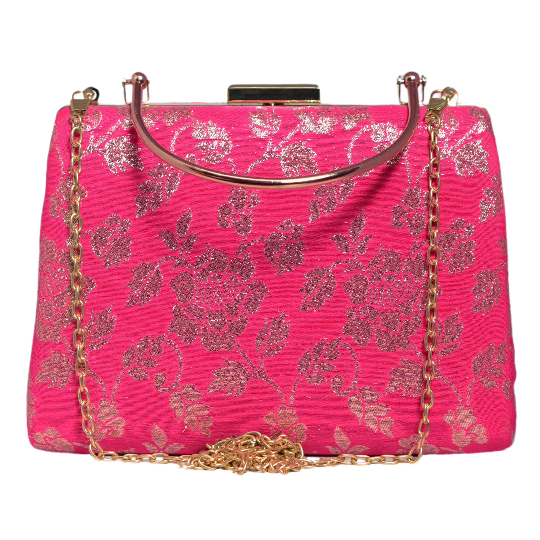 Pink And Golden Brocade Fabric Clutch
