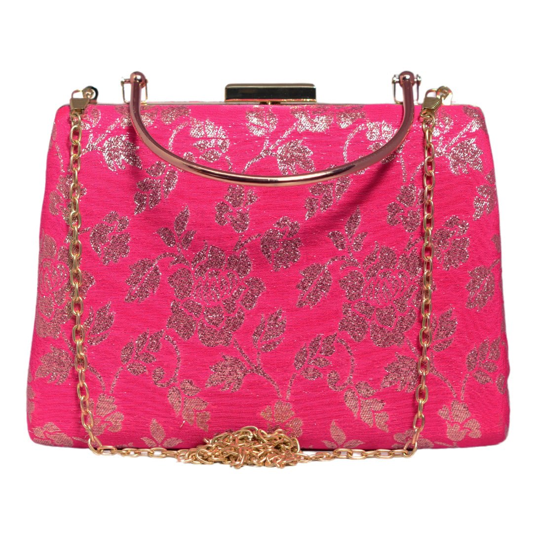 Pink And Golden Brocade Fabric Clutch