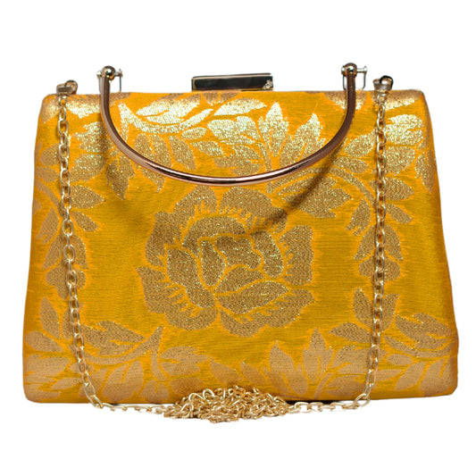 Yellow And Golden Brocade Fabric Clutch